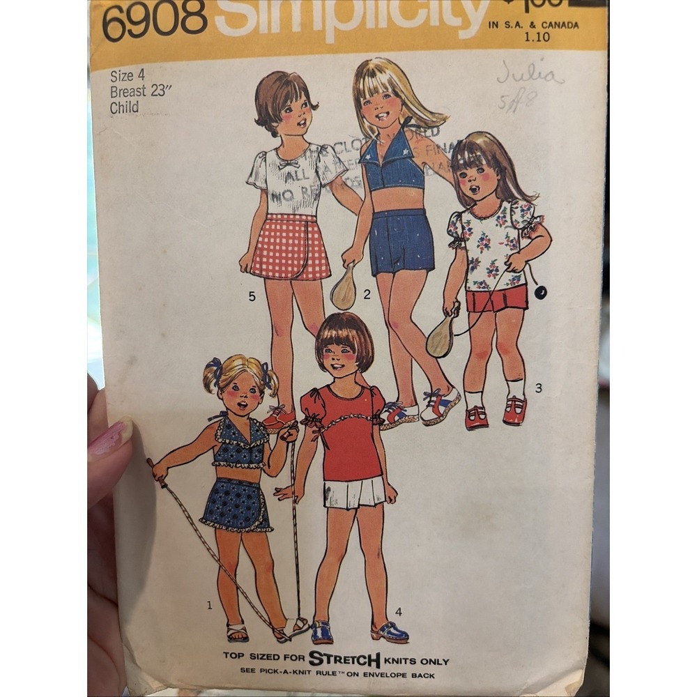 VTG 70s Simplicity Pattern 6908 Girls Halter Top, Knit Top, Skort, Shorts 4 CUT